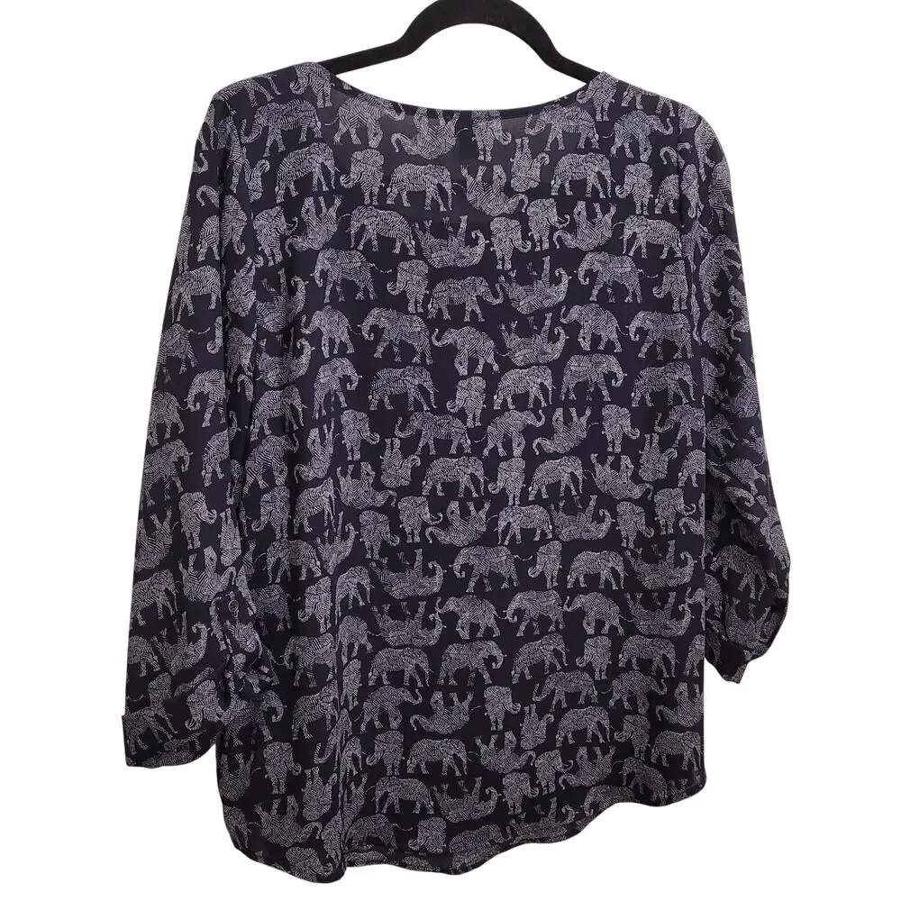 MIX Women’s Medium Navy Elephant Print Blouse Tunic 3/4 Sleeve Lightweight